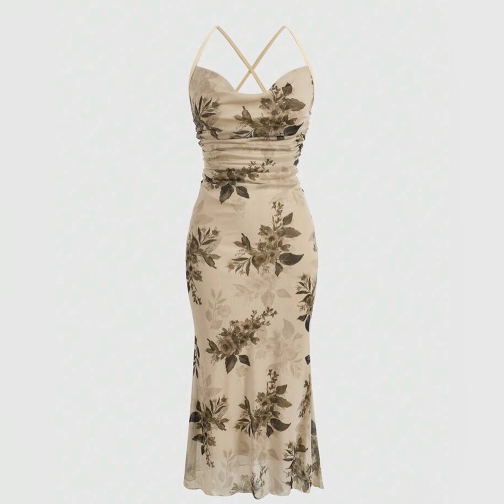 Boho Floral Pattern Midi Dress With Cowl Collar